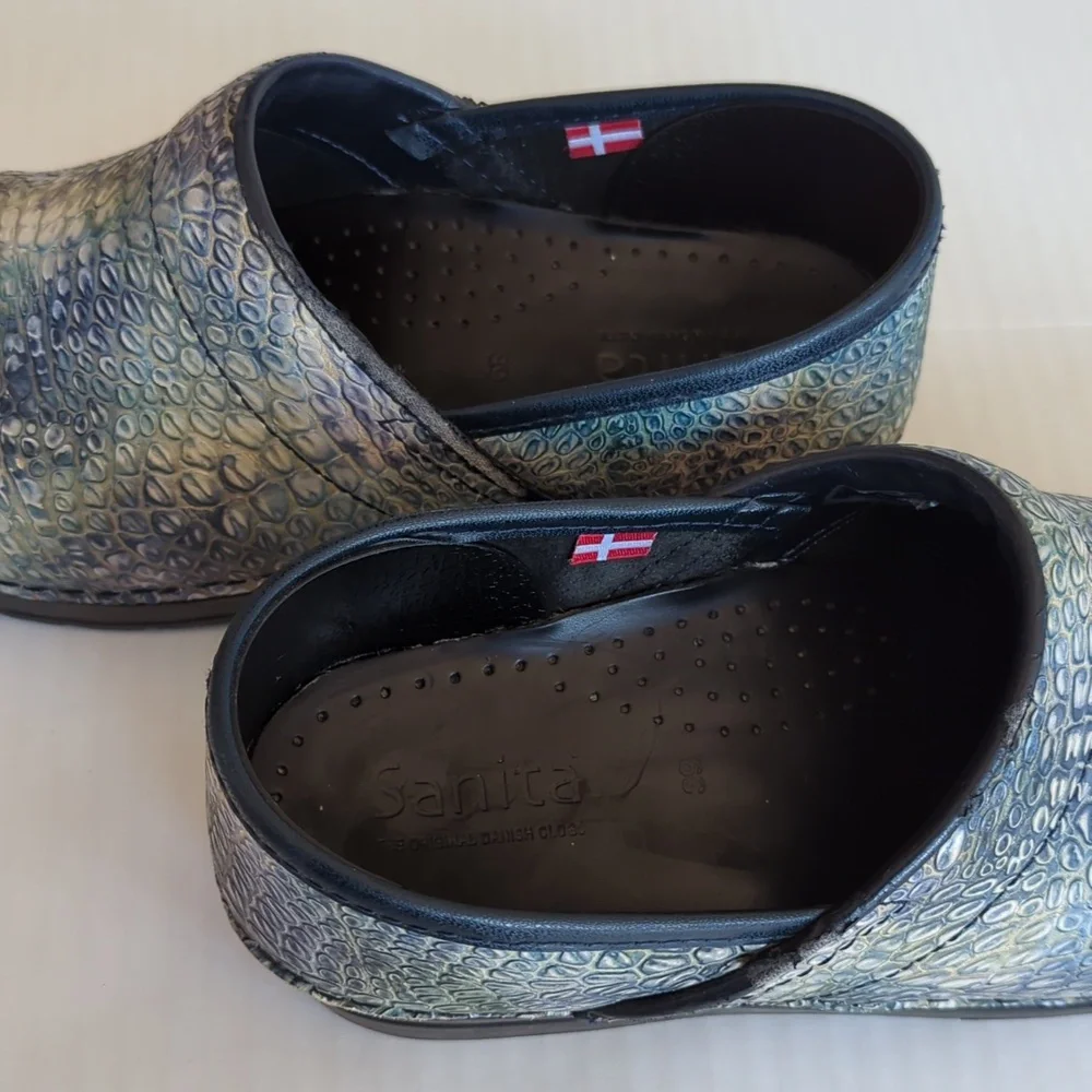 Sanita Reptile Embossed Leather Slip On Clogs EU 39 Blue Green - Picture 7 of 16